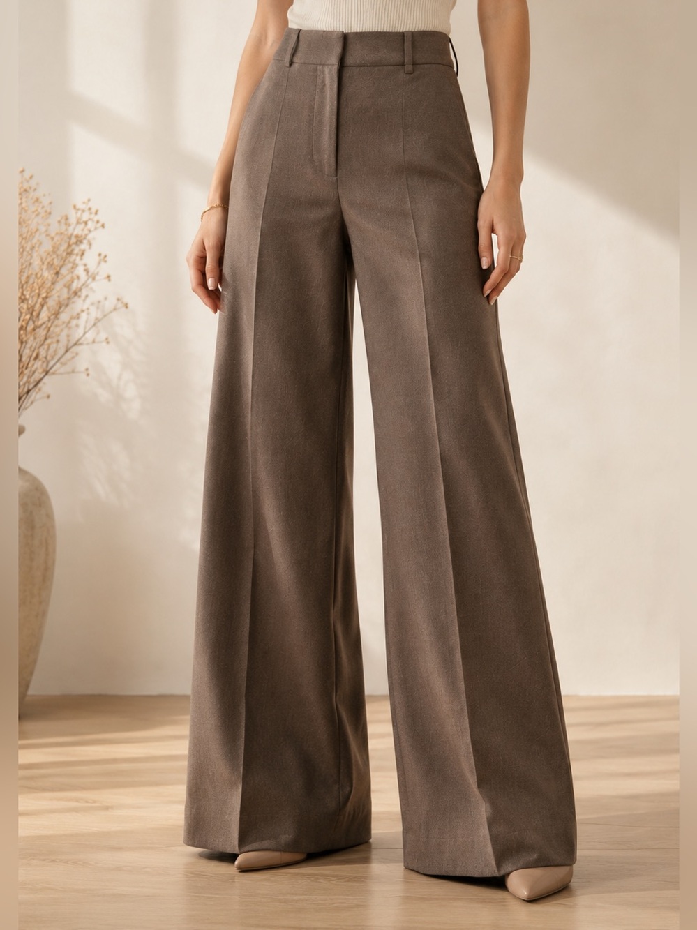 Judith & Charles Quiet Luxury Wool Trousers Taupe Wide Leg 12